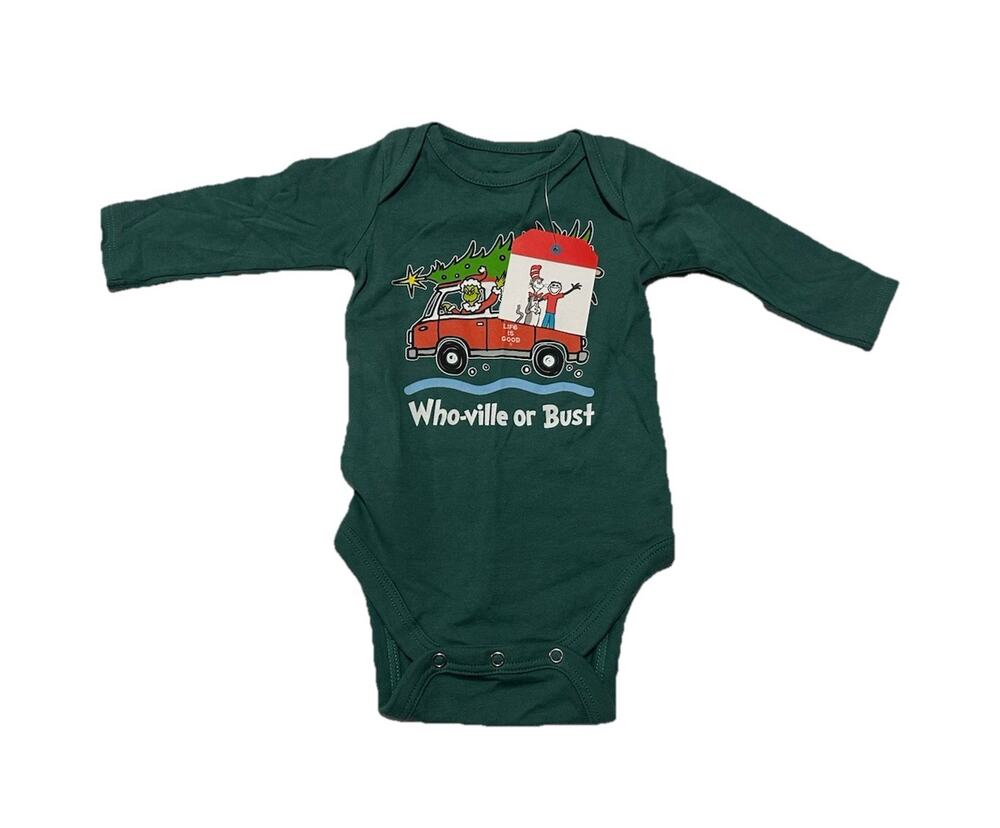 Life Is Good Baby Grinch Who-ville Or Bust One Piece Christmas Romper 3-6 Months